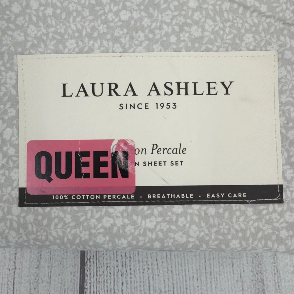 Laura Ashley Sheet Set QUEEN Chelsie Vine Gray White Petite Floral Farmhouse